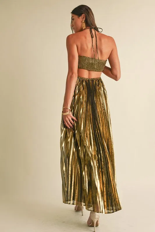 NEWEST ARRIVAL Gold/Black Pleated Maxi Dress