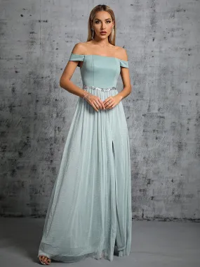 Off Shoulder Slit Slim Fit Prom Evening Dress