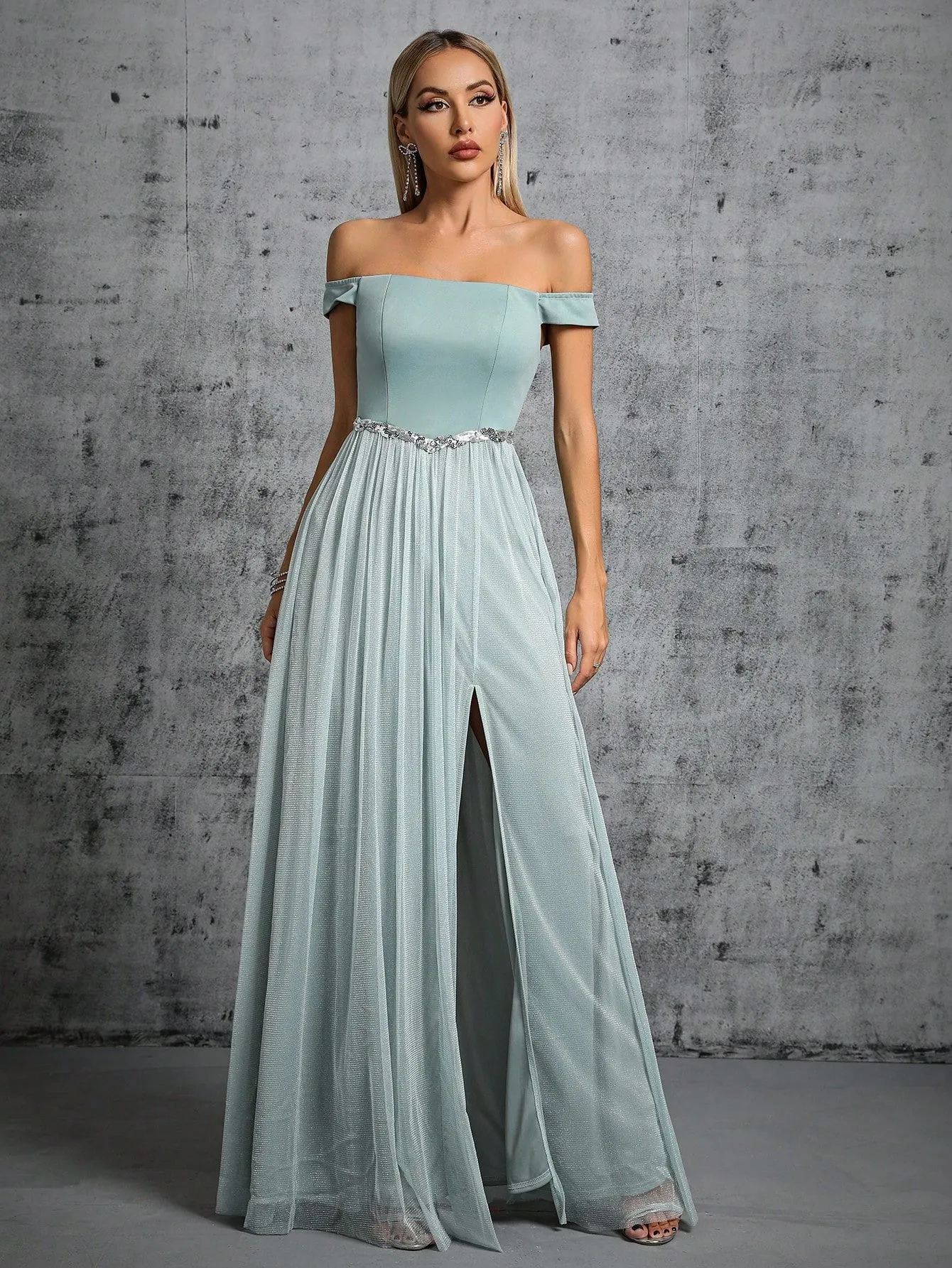 Off Shoulder Slit Slim Fit Prom Evening Dress