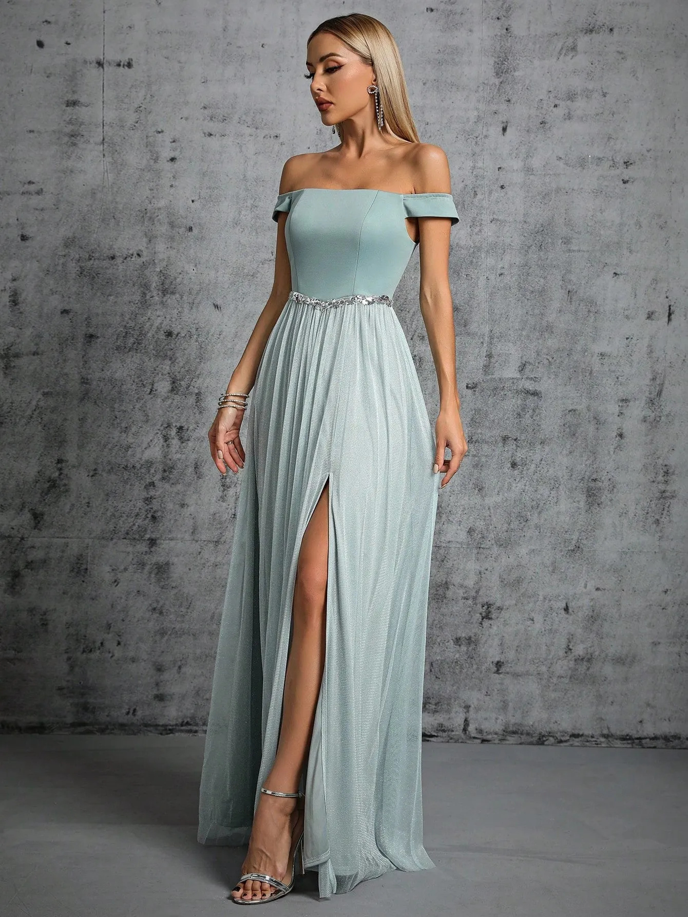 Off Shoulder Slit Slim Fit Prom Evening Dress