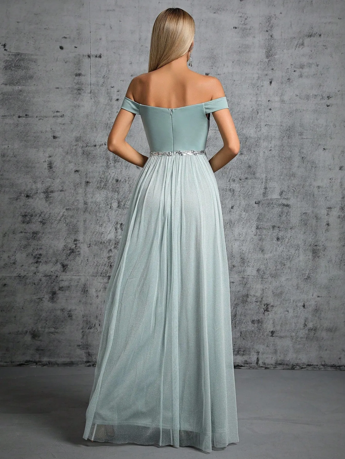 Off Shoulder Slit Slim Fit Prom Evening Dress