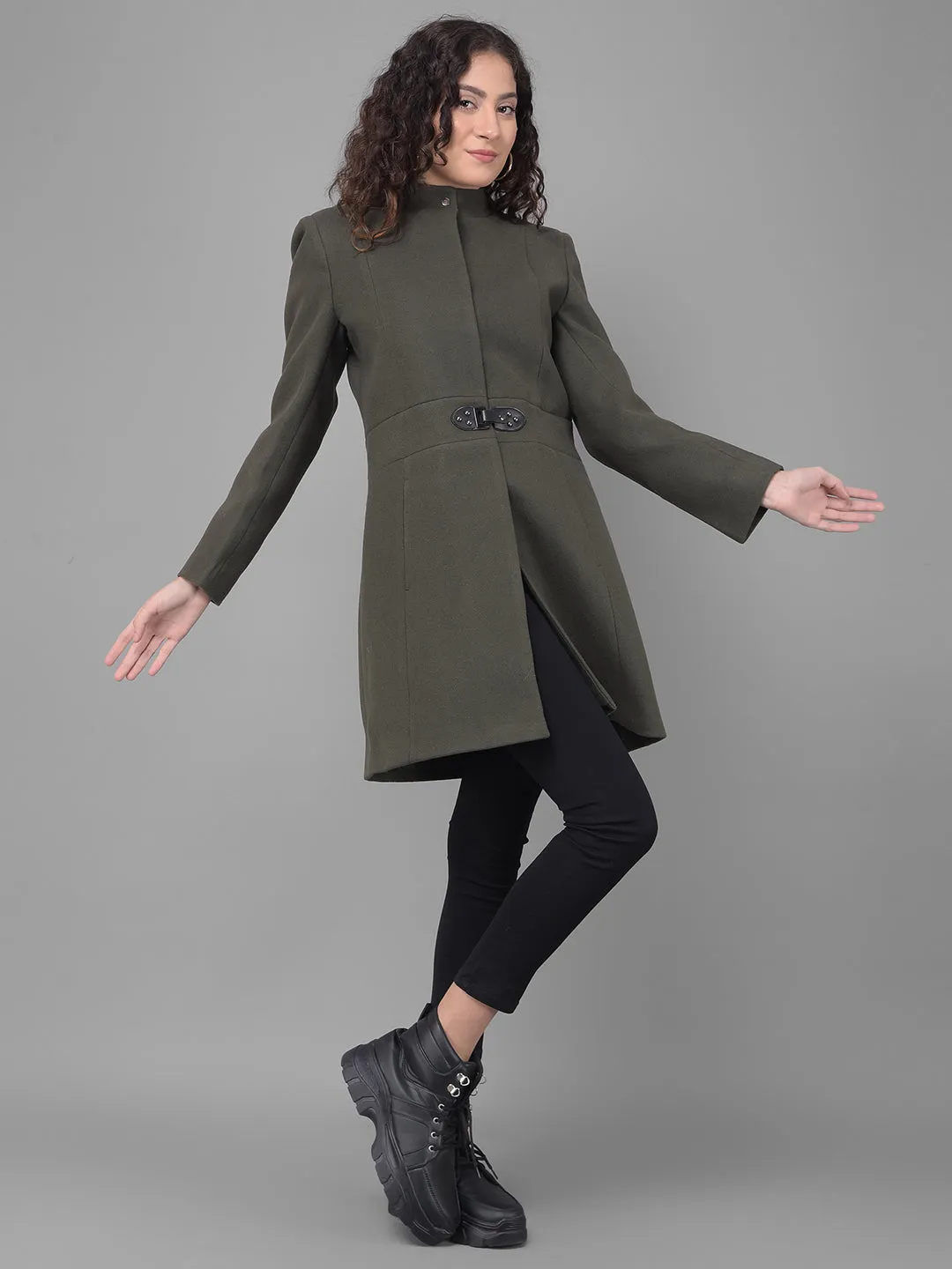 Olive Mandarin Collar Overcoat