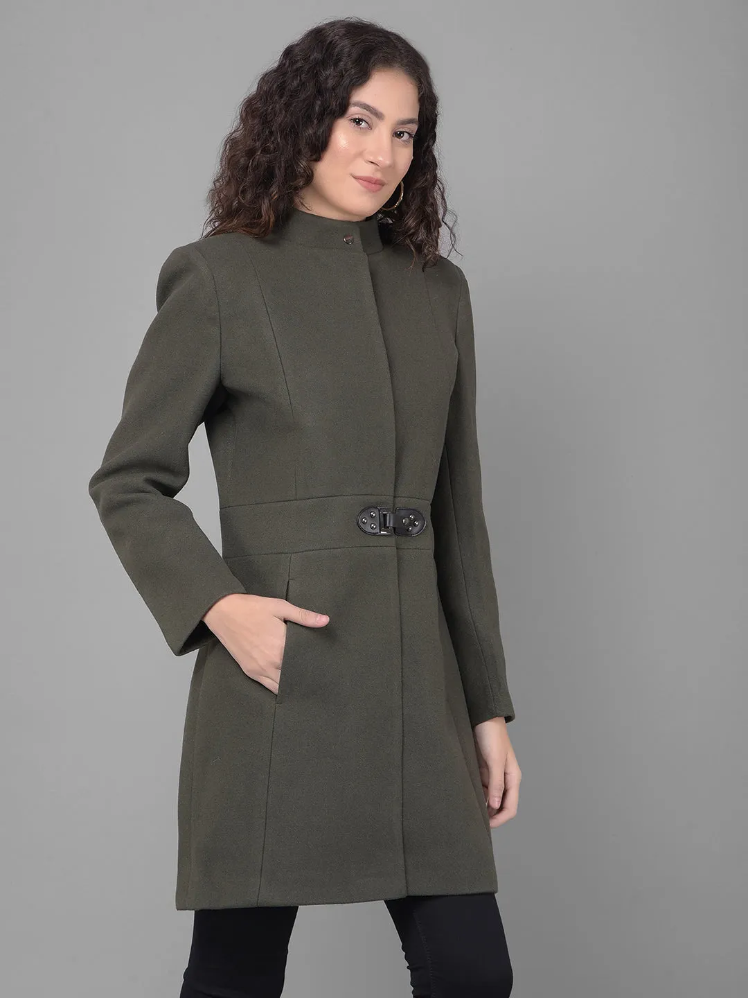 Olive Mandarin Collar Overcoat