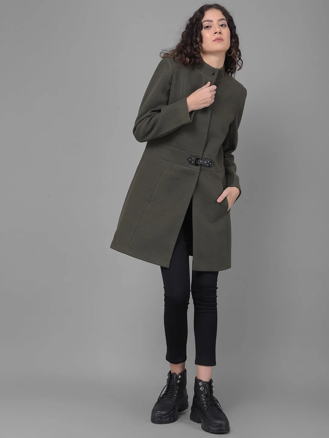 Olive Mandarin Collar Overcoat
