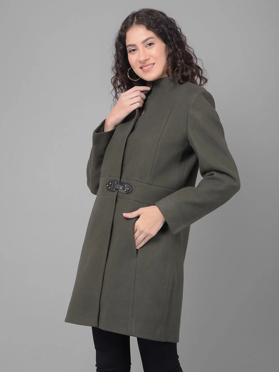 Olive Mandarin Collar Overcoat