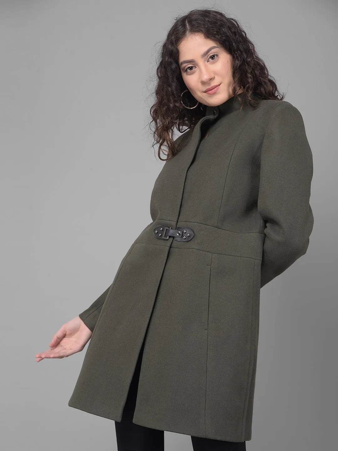 Olive Mandarin Collar Overcoat