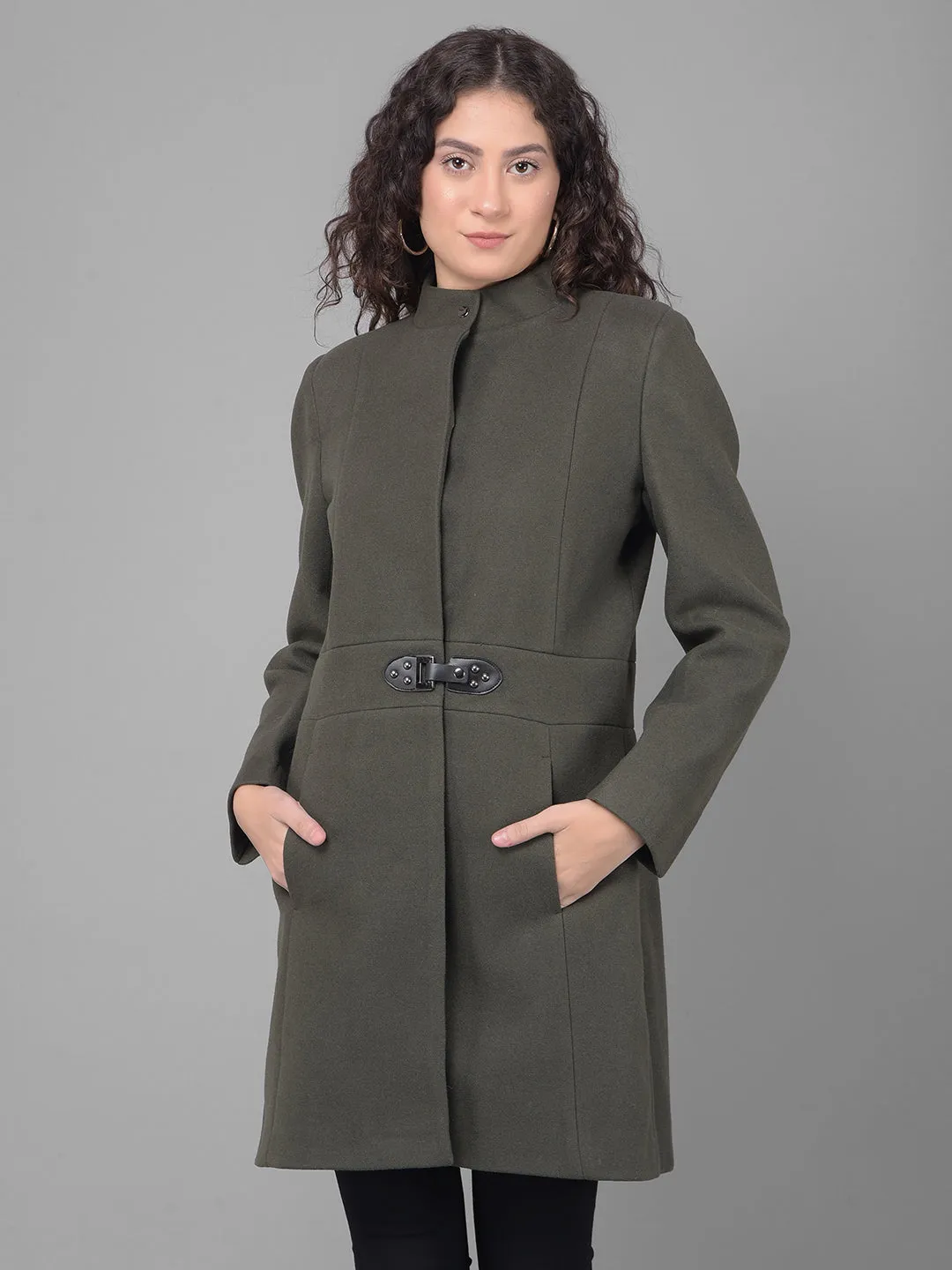 Olive Mandarin Collar Overcoat