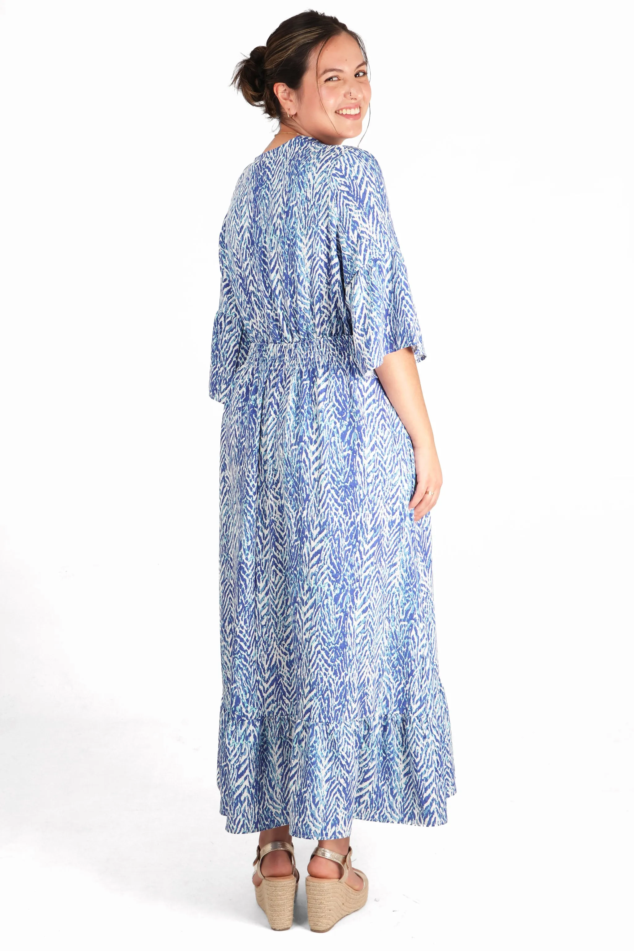 Painted Chevron Print V-Neck Shirred Maxi Dress with Fluted Sleeves in Blue
