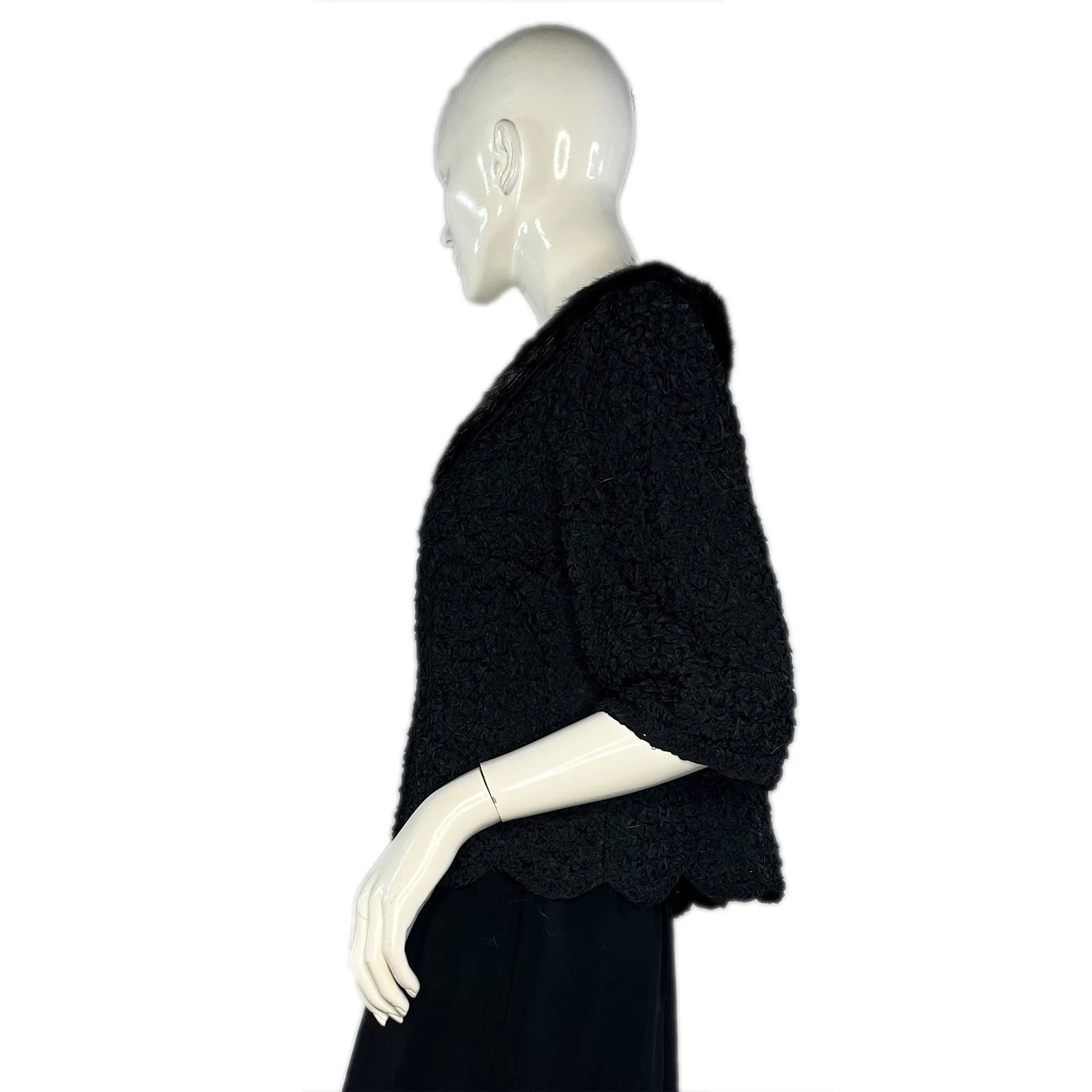 Pam Stewart Jacket Crop 3/4 Sleeves Fur Collar Black Size S/ M SKU 000042-3