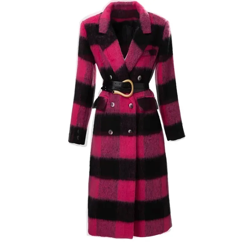 Plaid Pink Long Sleeve Double Breasted Coat (Belted)