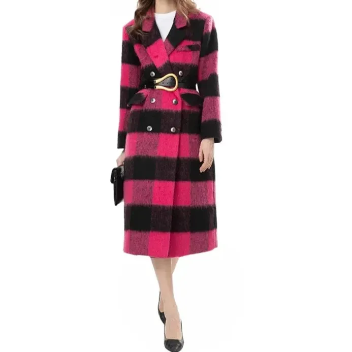Plaid Pink Long Sleeve Double Breasted Coat (Belted)