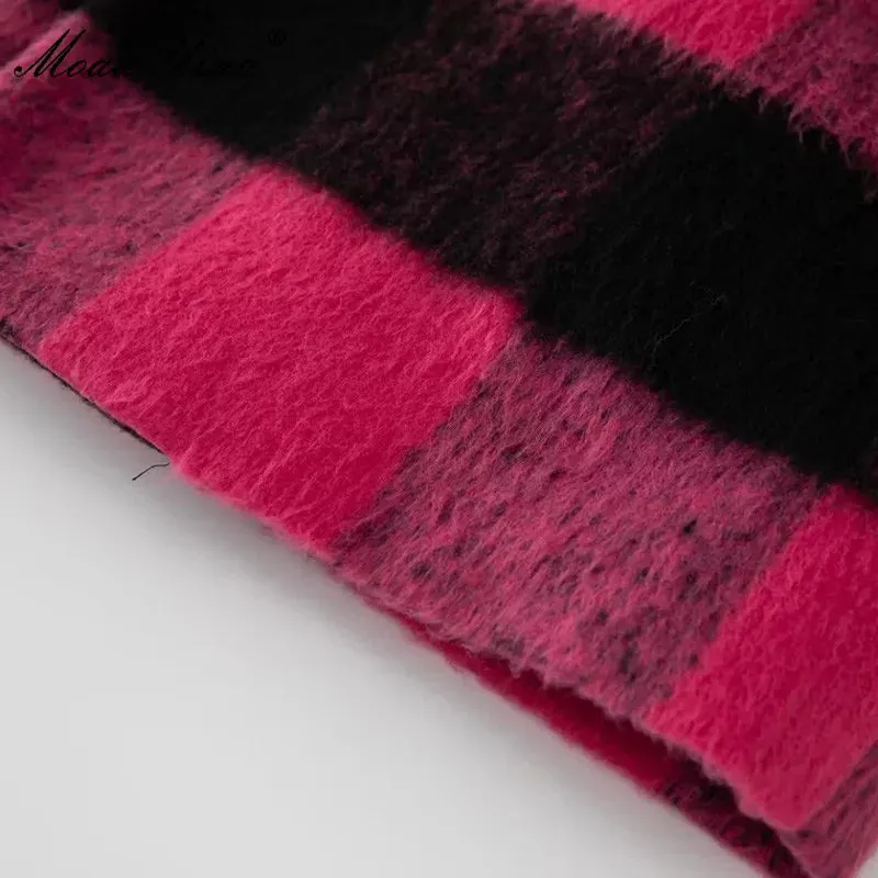 Plaid Pink Long Sleeve Double Breasted Coat (Belted)