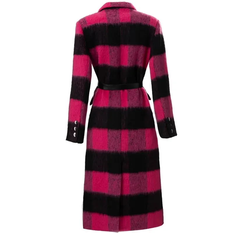 Plaid Pink Long Sleeve Double Breasted Coat (Belted)