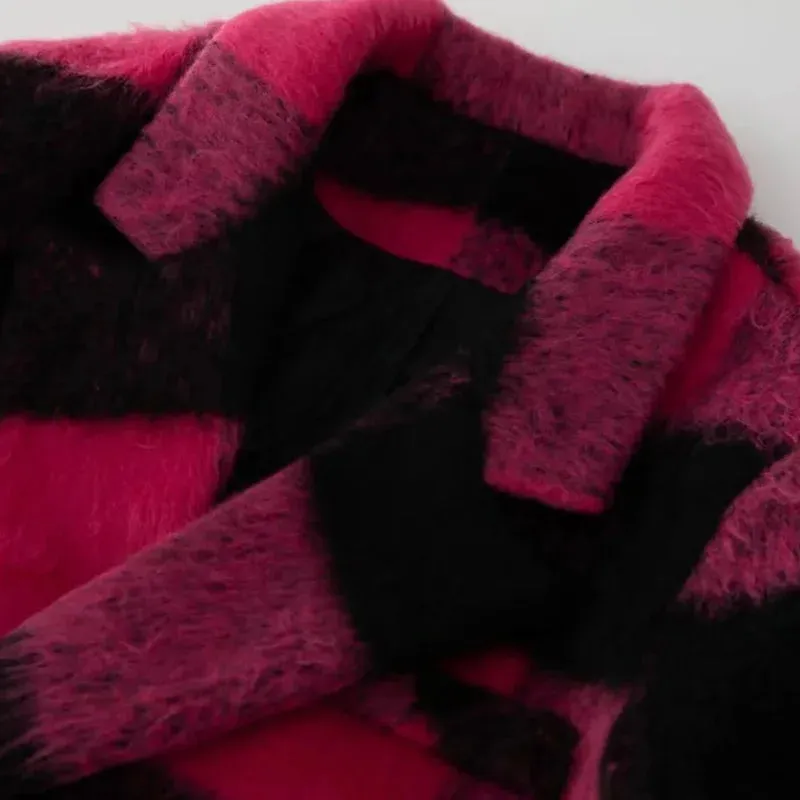 Plaid Pink Long Sleeve Double Breasted Coat (Belted)
