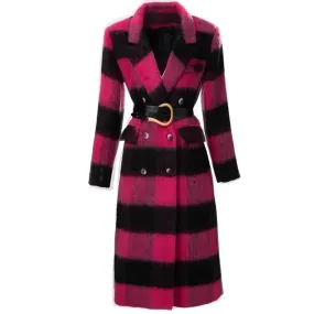 Plaid Pink Long Sleeve Double Breasted Coat (Belted)