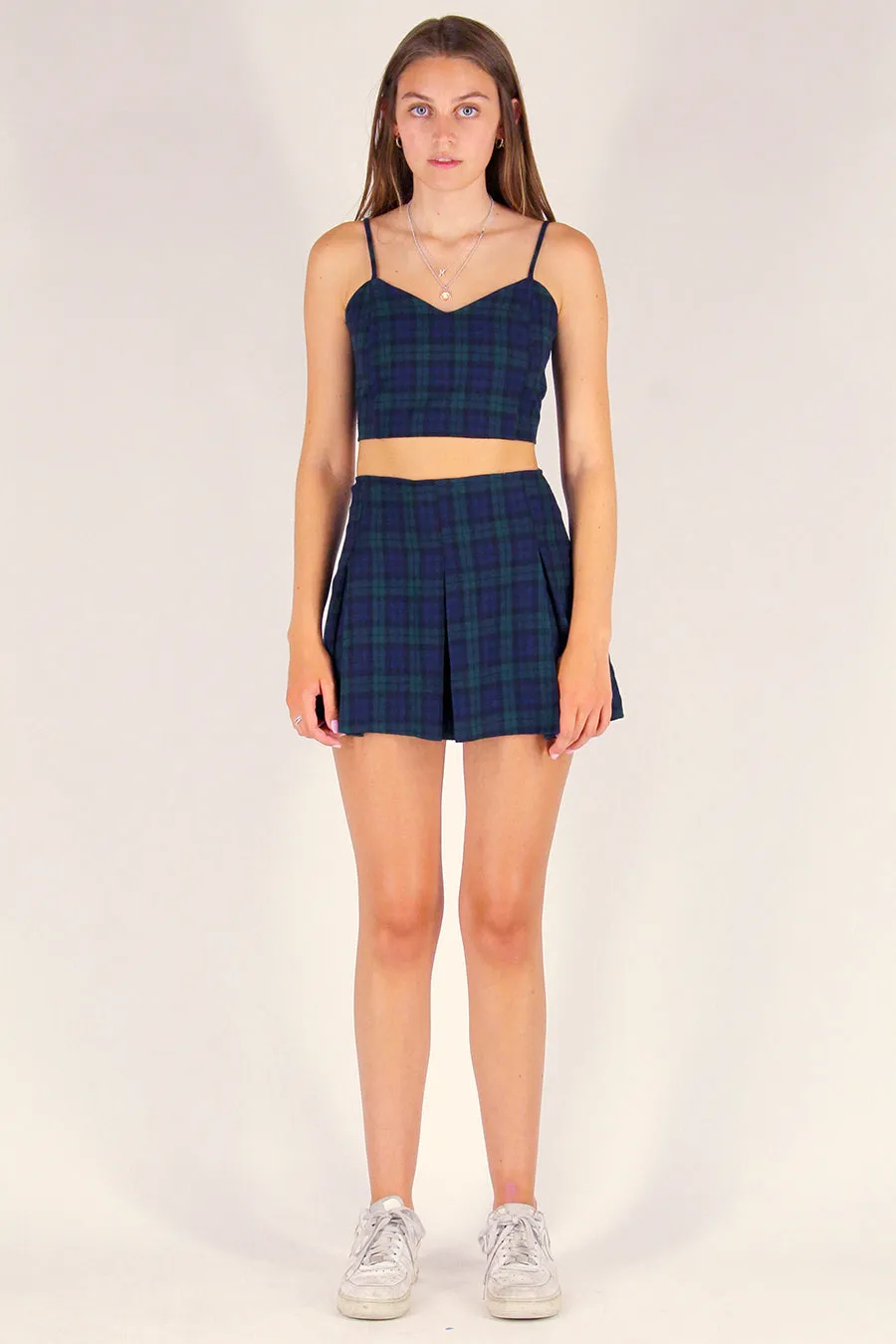Pleated Skirt - Flannel Navy and Green Plaid