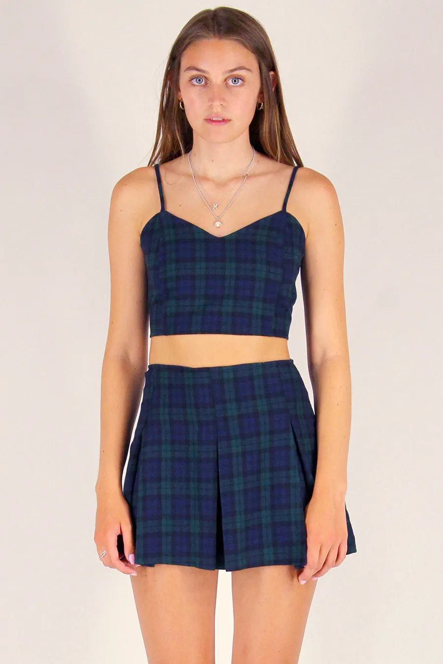 Pleated Skirt - Flannel Navy and Green Plaid