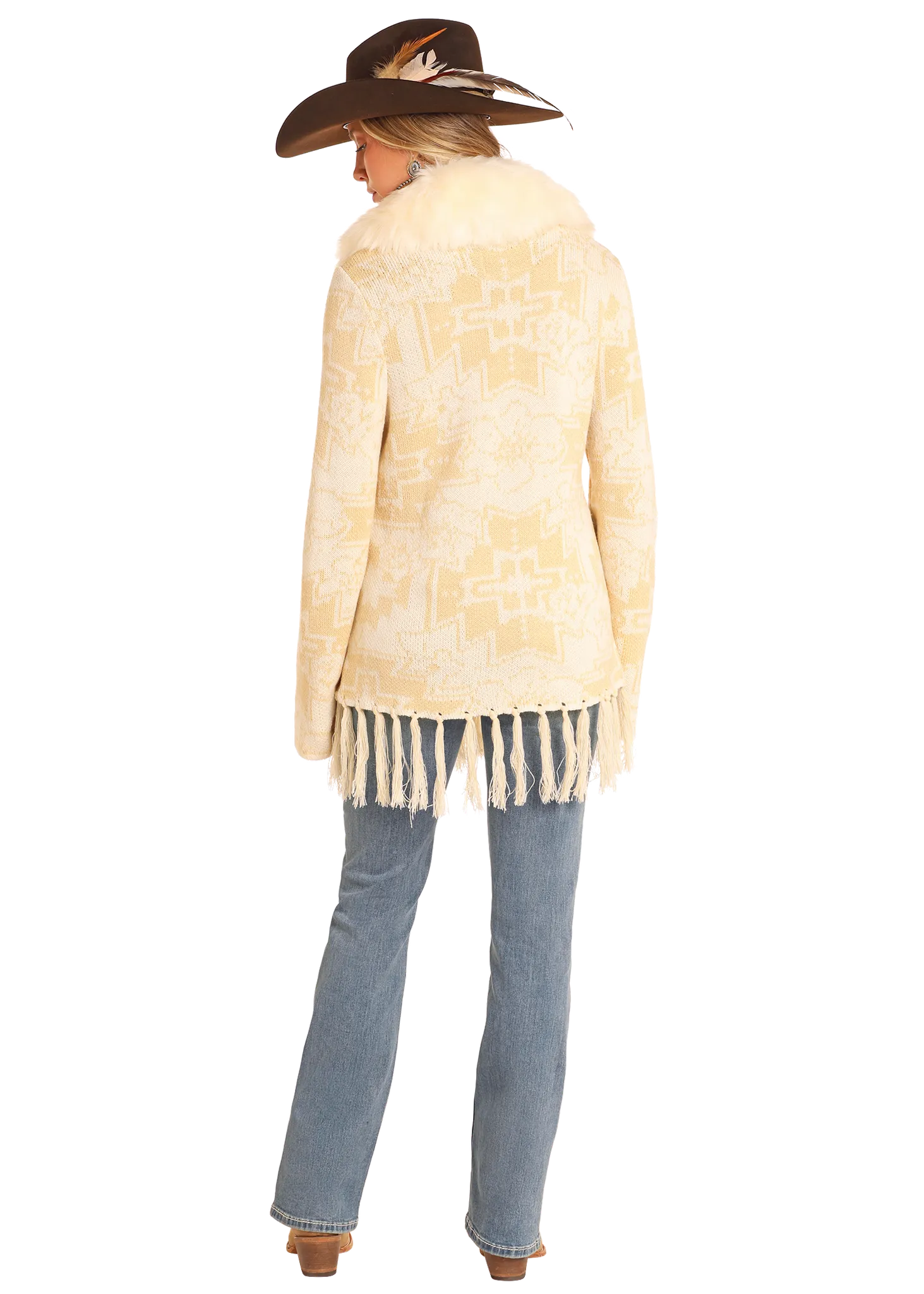 POWDER RIVER OUTFITTERS FRINGE FUR COLLAR CARDIGAN