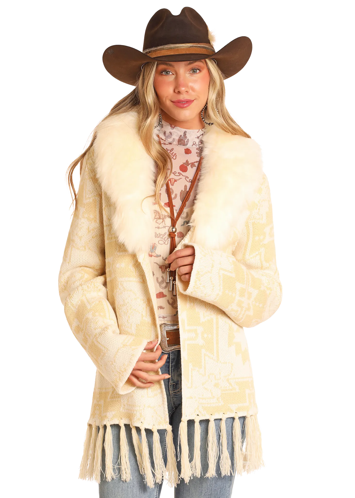 POWDER RIVER OUTFITTERS FRINGE FUR COLLAR CARDIGAN