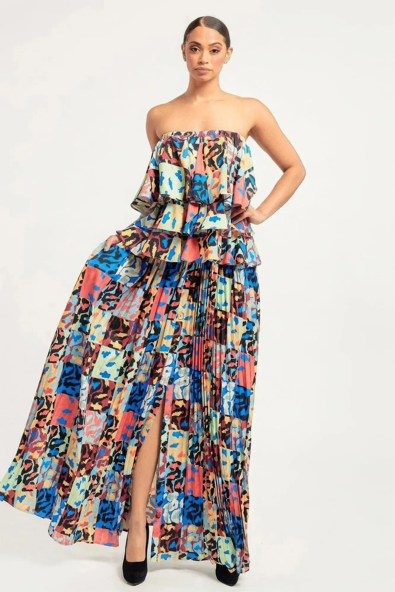 Printed Ruffle Top And Pleated Skirt Set