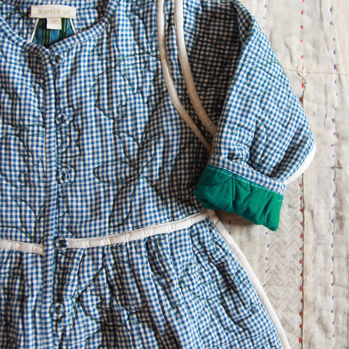 Quilted Dress Coat in Blue Vichy / Green Lungi Check by Bonjour