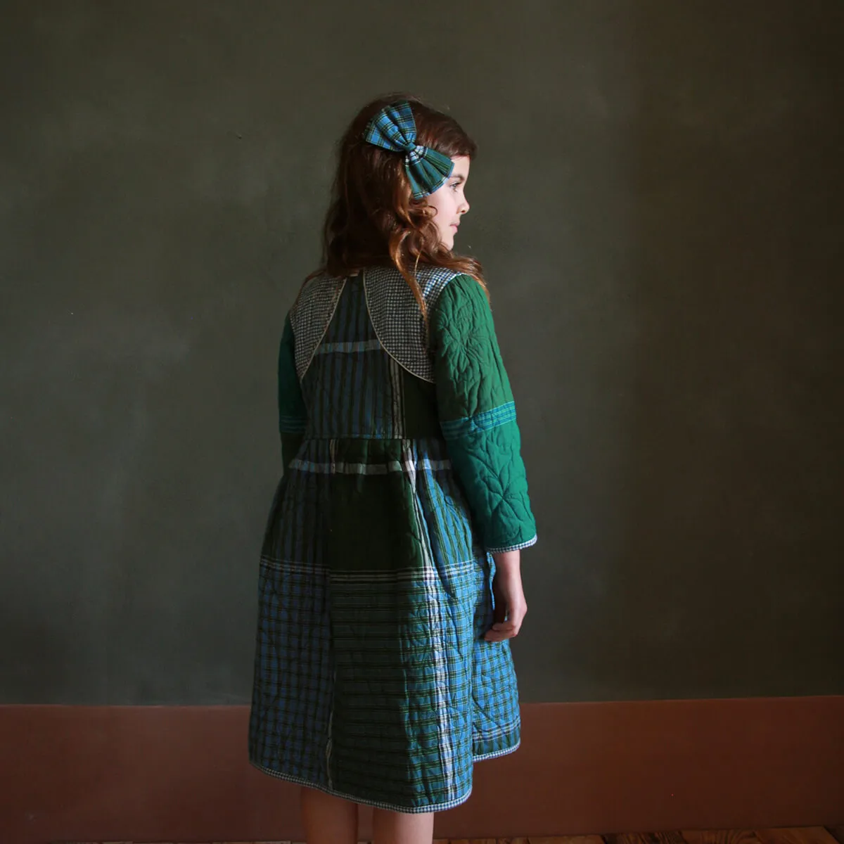 Quilted Dress Coat in Blue Vichy / Green Lungi Check by Bonjour
