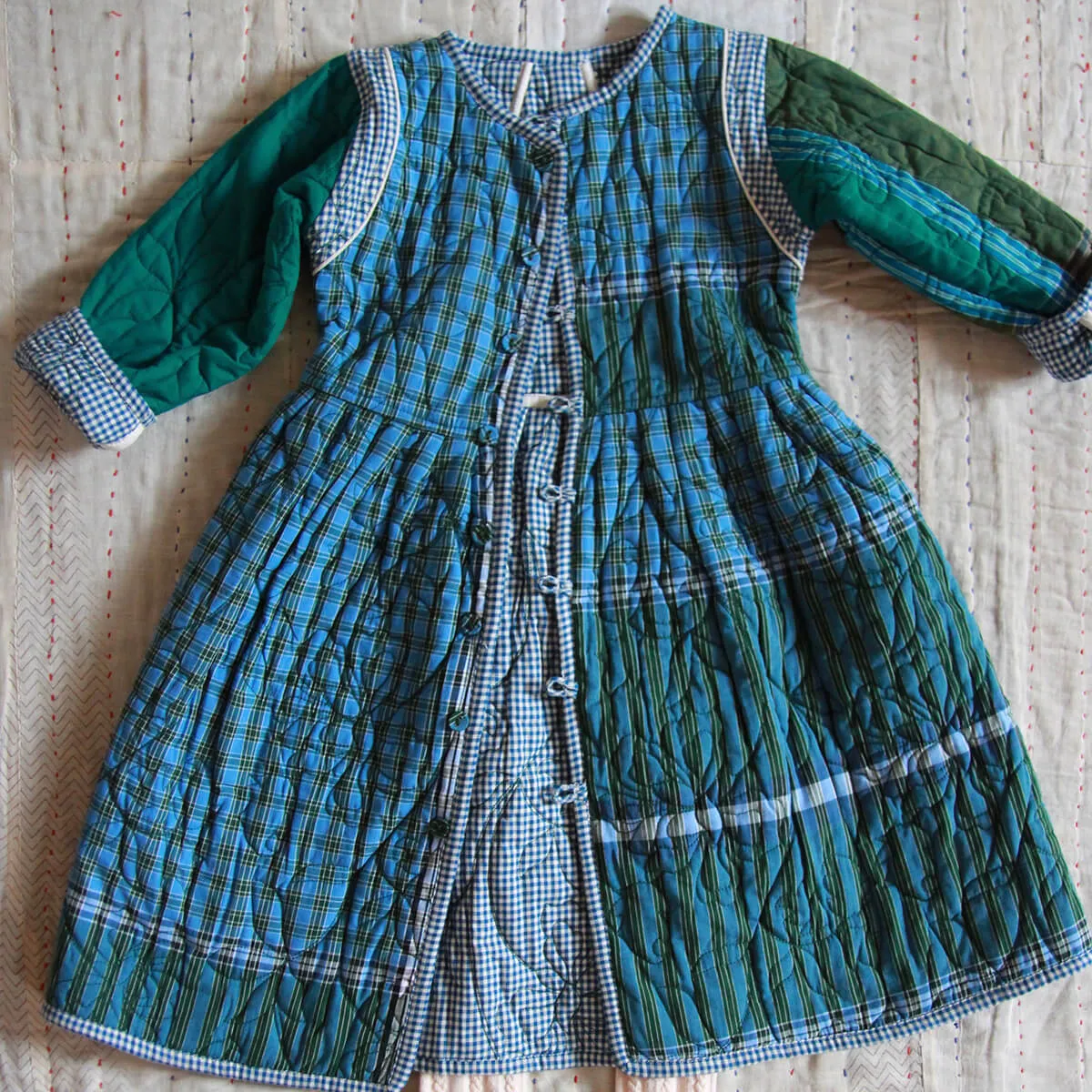 Quilted Dress Coat in Blue Vichy / Green Lungi Check by Bonjour