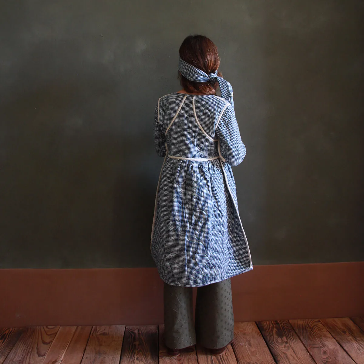 Quilted Dress Coat in Blue Vichy / Green Lungi Check by Bonjour