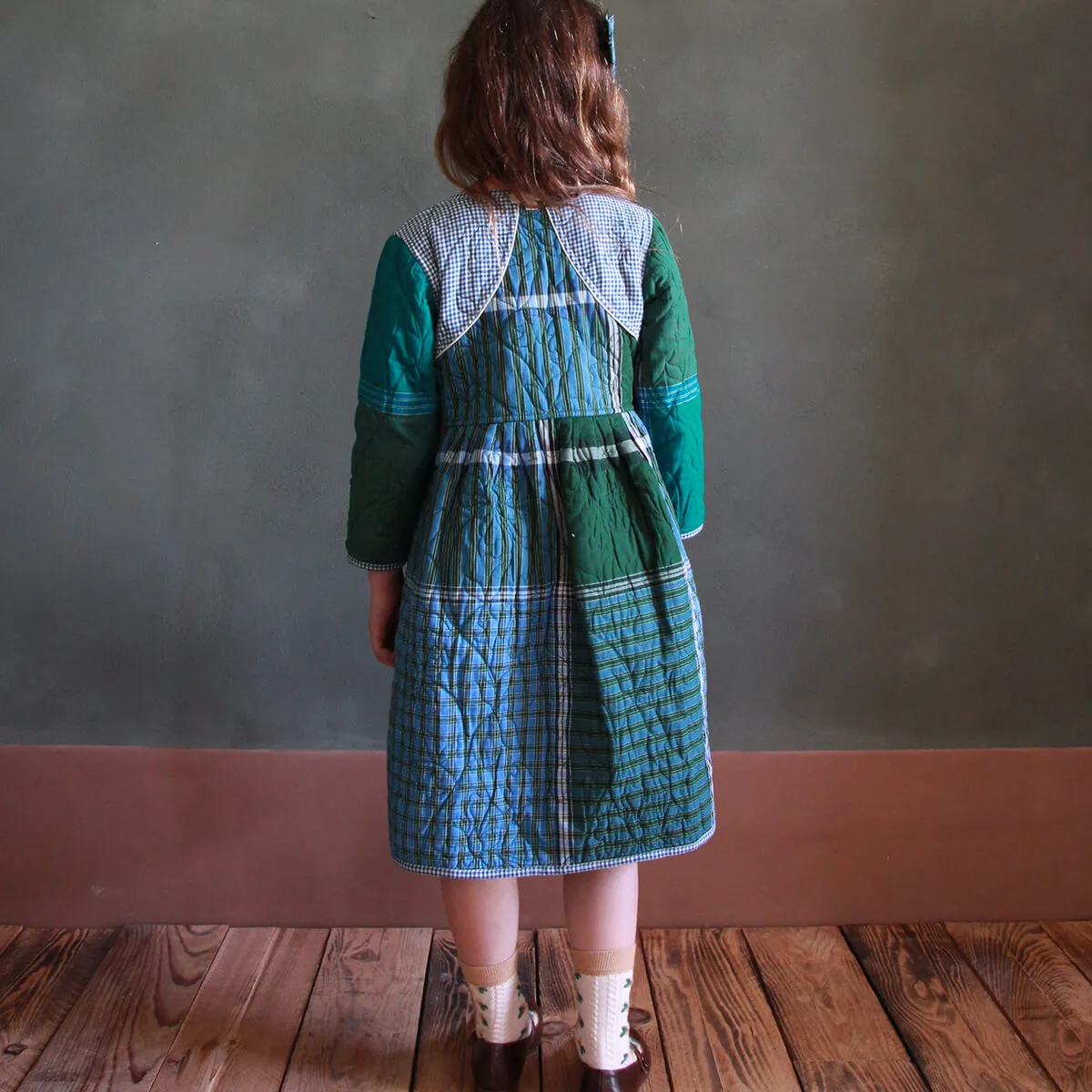 Quilted Dress Coat in Blue Vichy / Green Lungi Check by Bonjour