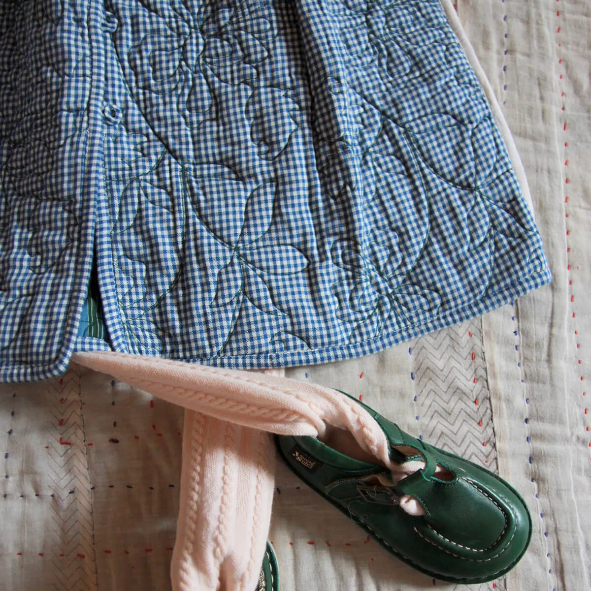 Quilted Dress Coat in Blue Vichy / Green Lungi Check by Bonjour