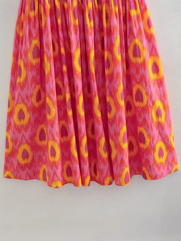 Red Print Smocked Midi Dress