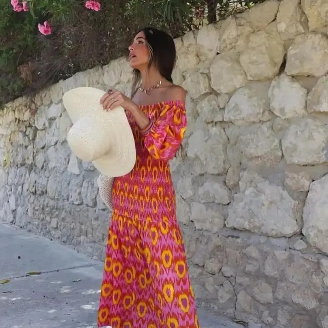 Red Print Smocked Midi Dress