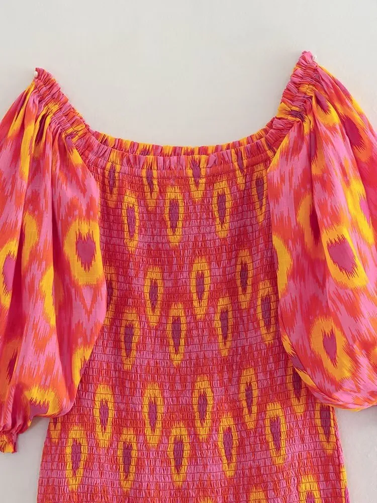 Red Print Smocked Midi Dress