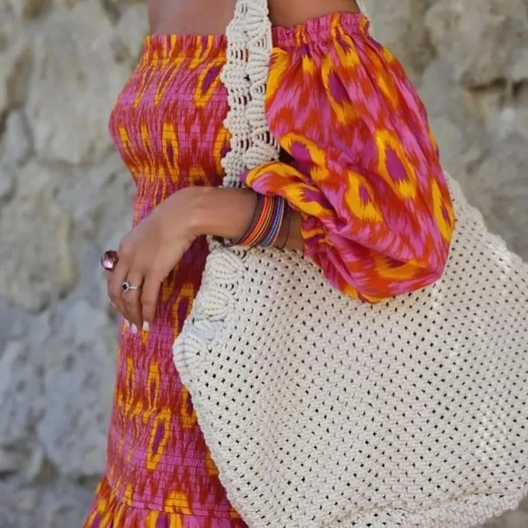 Red Print Smocked Midi Dress