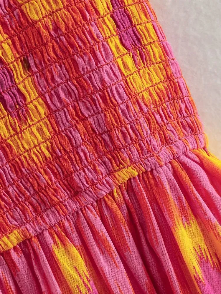 Red Print Smocked Midi Dress