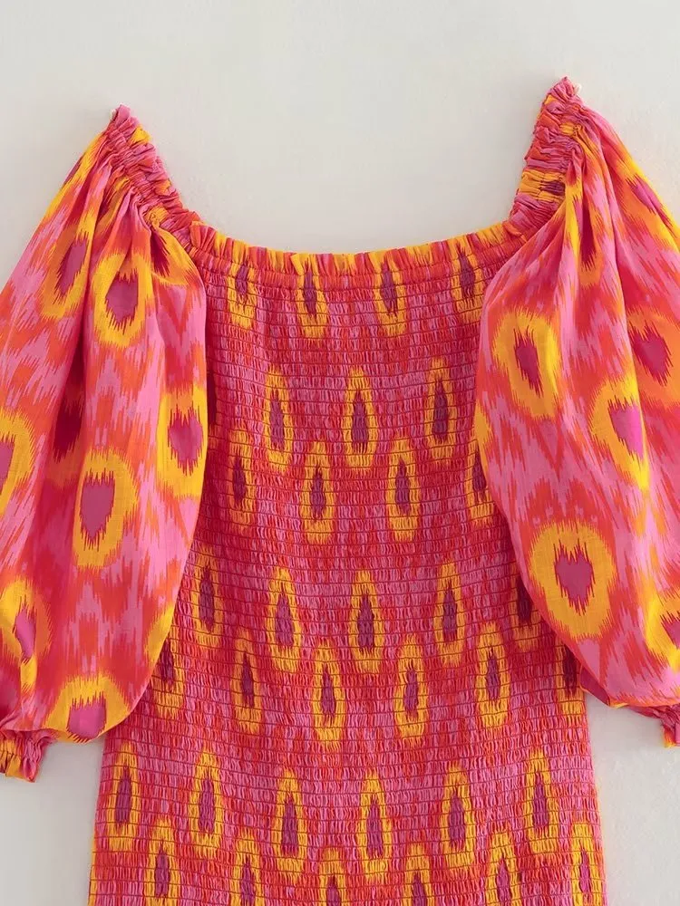 Red Print Smocked Midi Dress