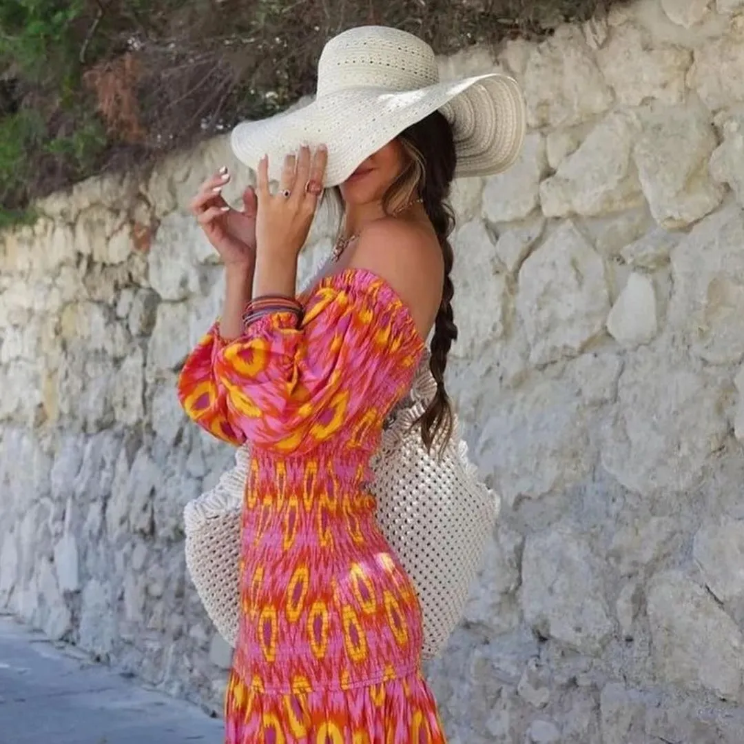 Red Print Smocked Midi Dress