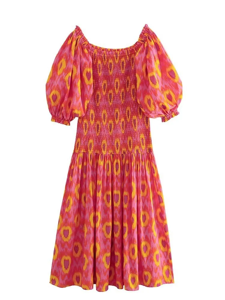 Red Print Smocked Midi Dress