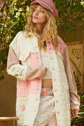 RESTOCKED! Embroidered patch quilted jacket - pink multi