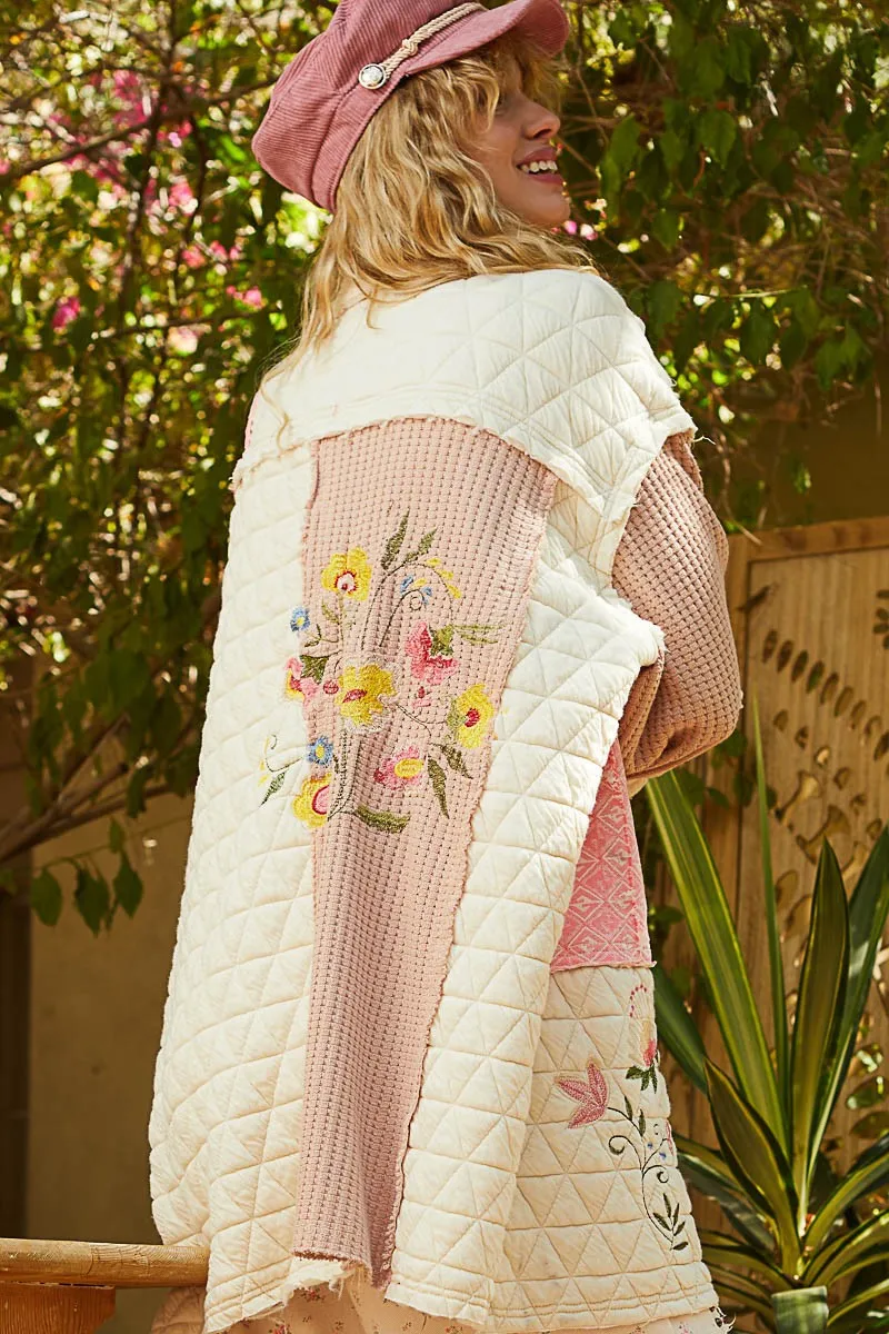 RESTOCKED! Embroidered patch quilted jacket - pink multi
