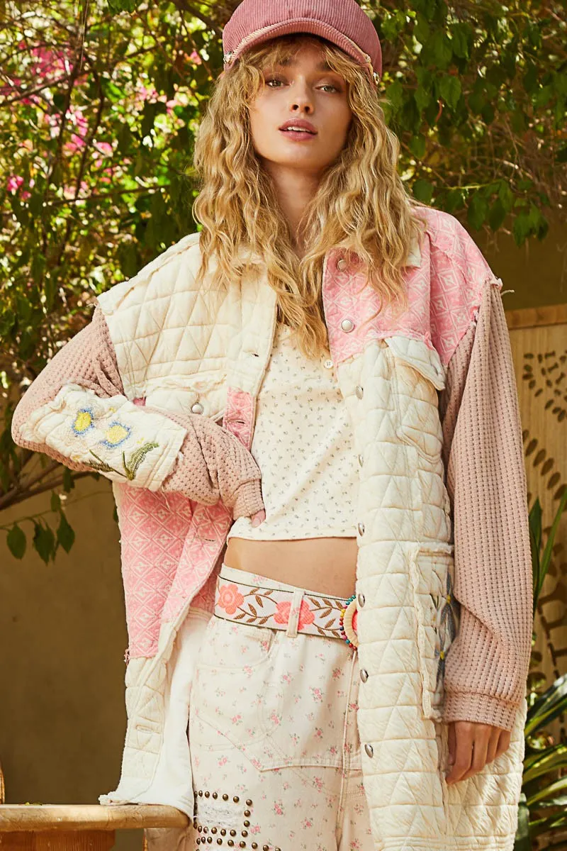 RESTOCKED! Embroidered patch quilted jacket - pink multi