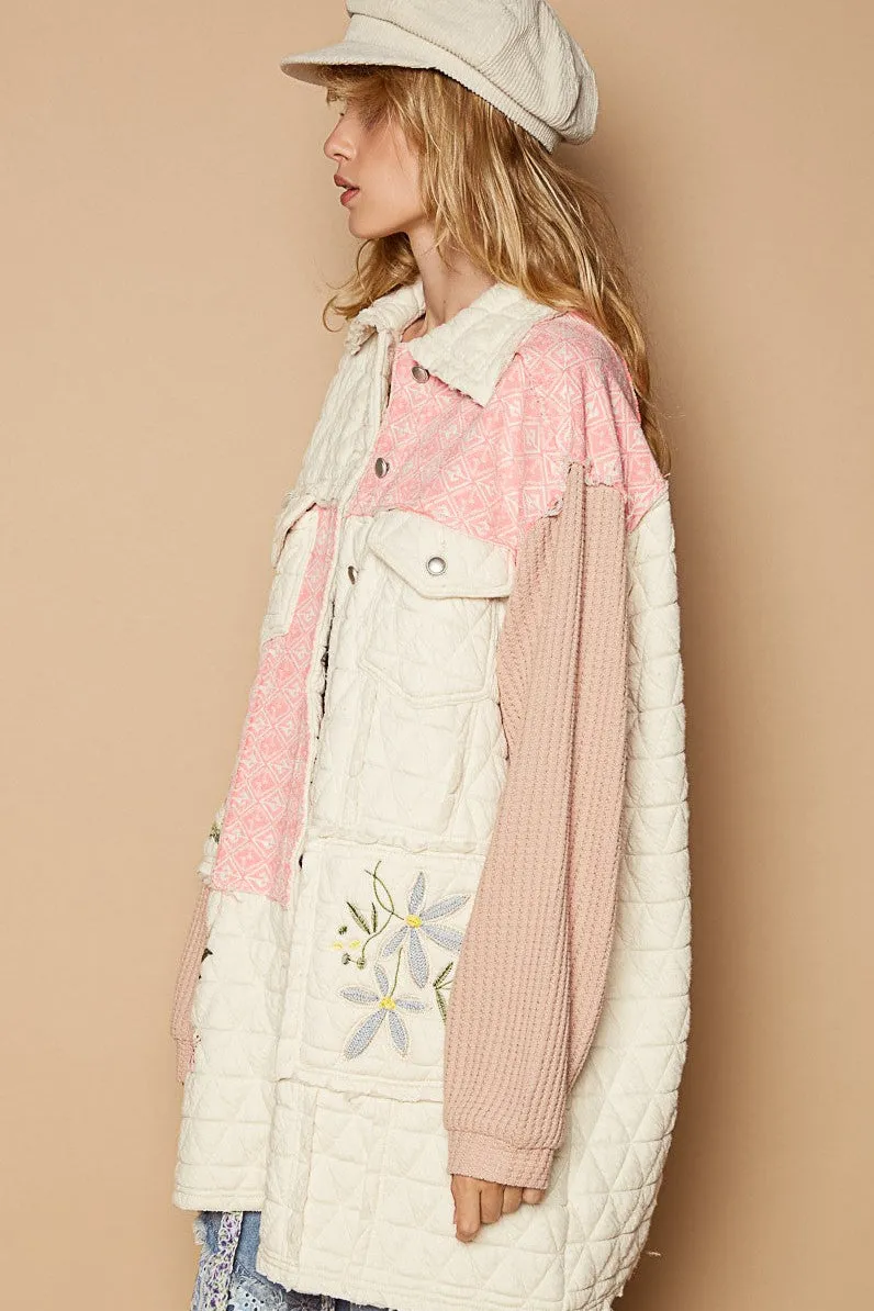 RESTOCKED! Embroidered patch quilted jacket - pink multi