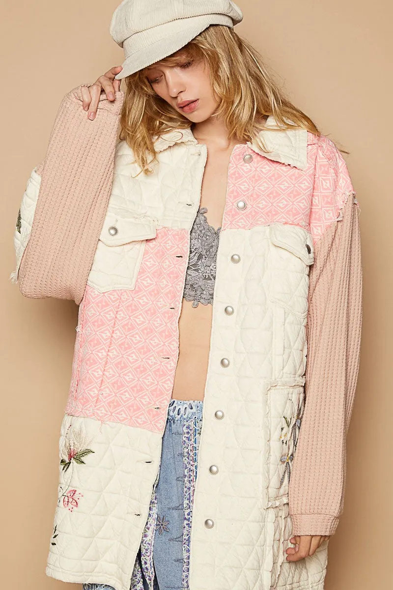 RESTOCKED! Embroidered patch quilted jacket - pink multi