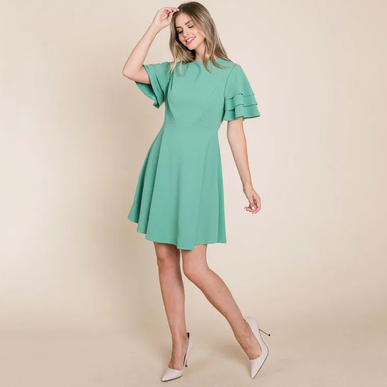 Sage Flutter Layered Sleeve Ruffle Dress
