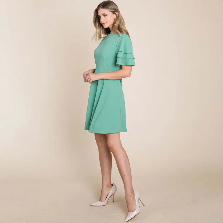 Sage Flutter Layered Sleeve Ruffle Dress