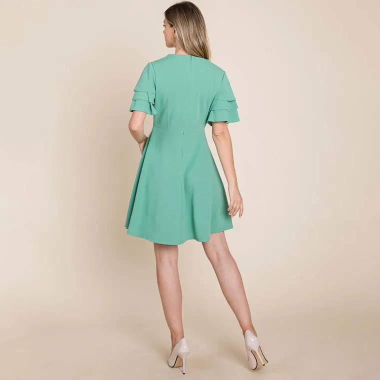 Sage Flutter Layered Sleeve Ruffle Dress