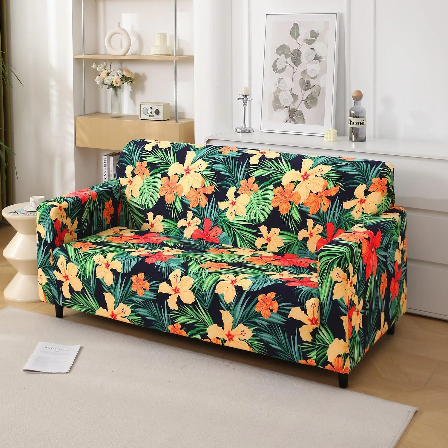 Spring Green Hibiscus Printed Elastic Sofa Cover