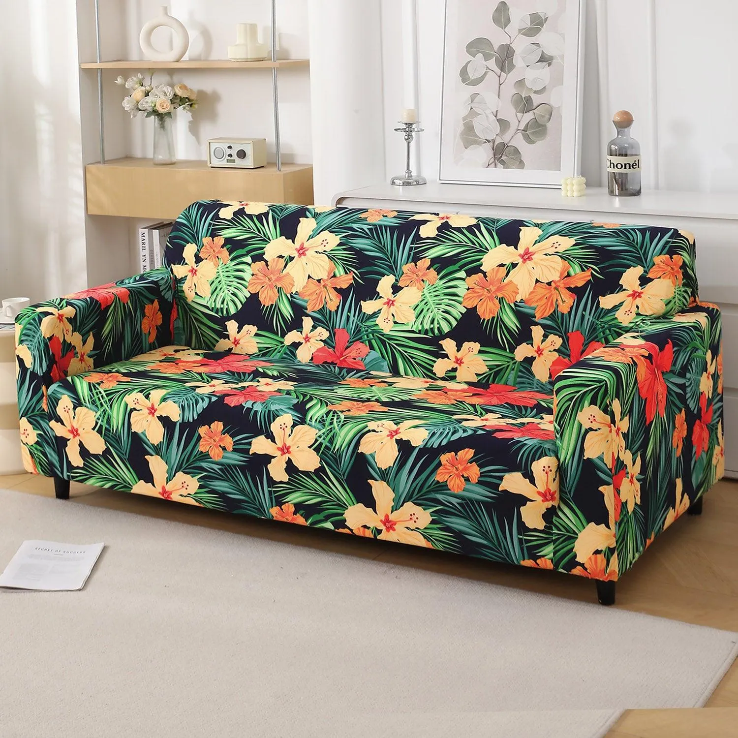 Spring Green Hibiscus Printed Elastic Sofa Cover