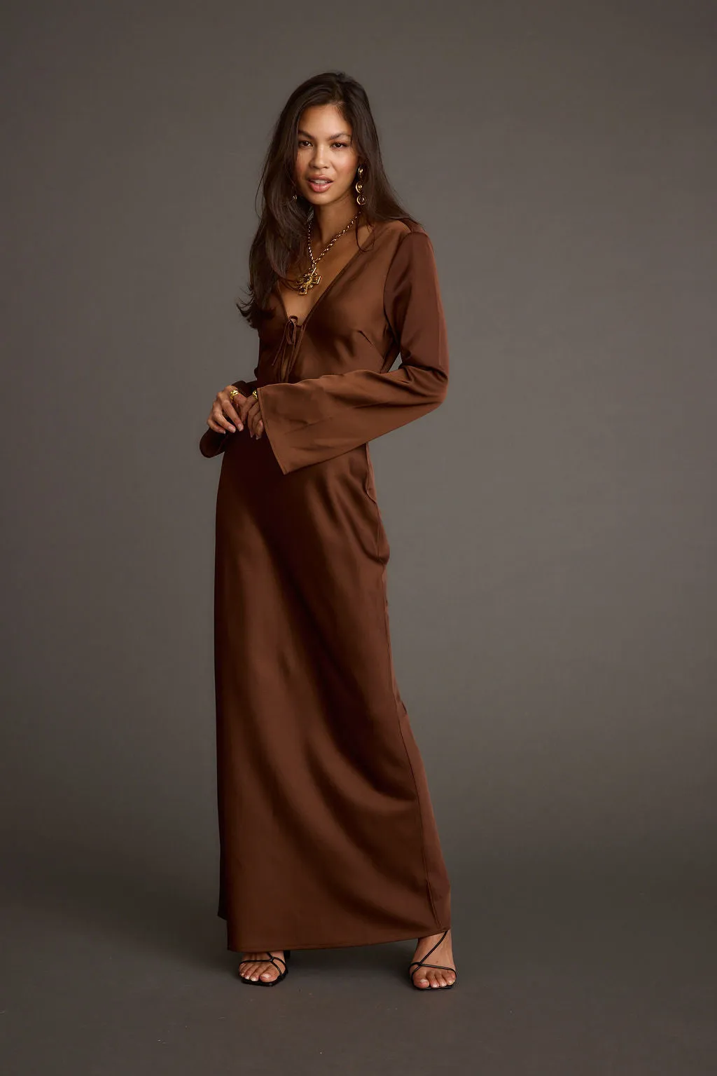 Strokes Mocha Long Sleeve Plunge Satin Maxi Dress