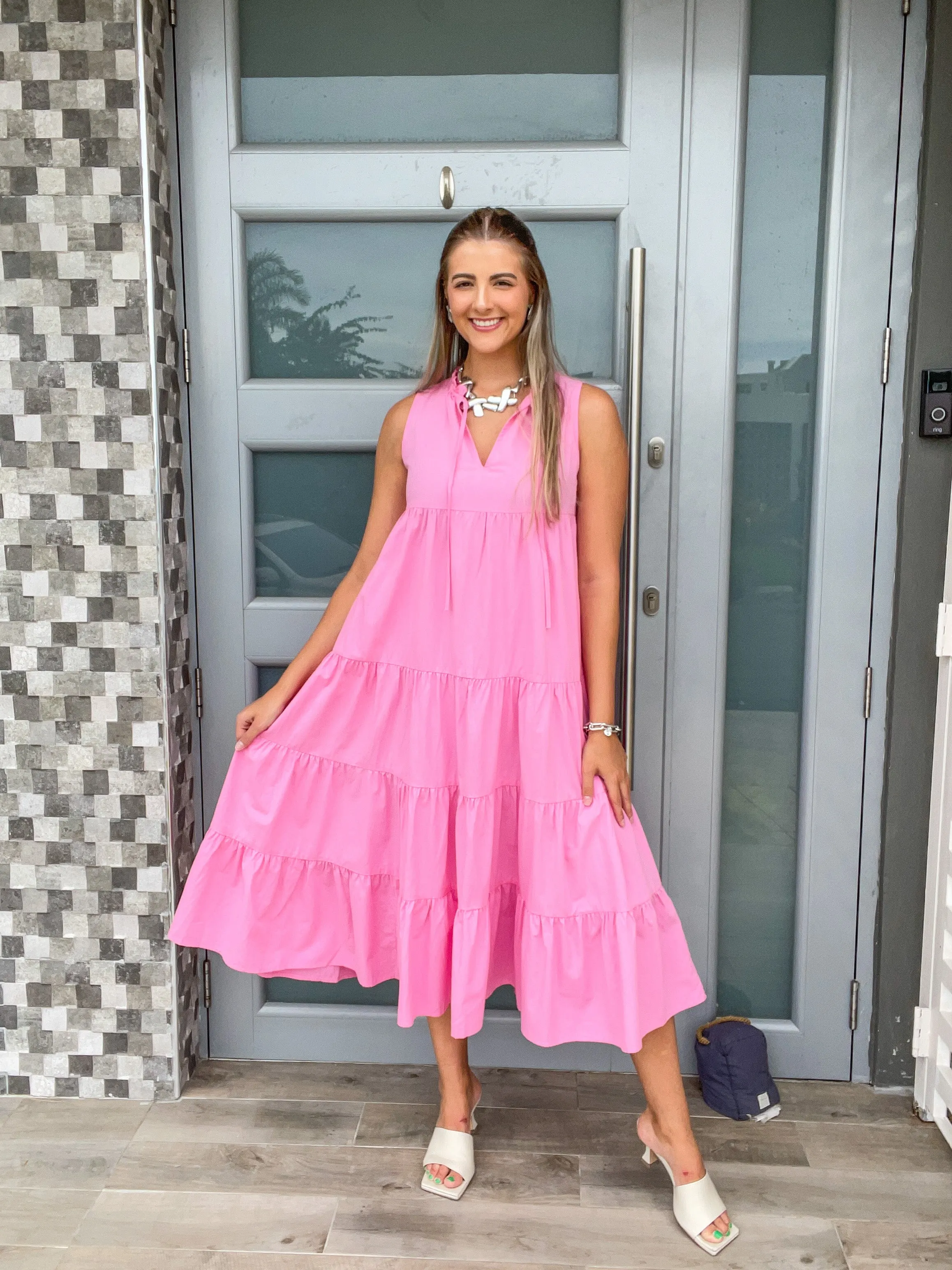 TIERED SOLID MIDI DRESS